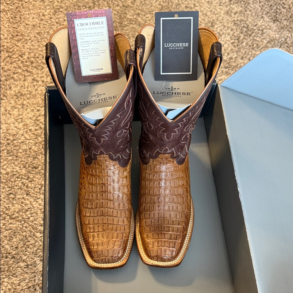 Lucchese Tan and Brown Crocodile Men's Boots